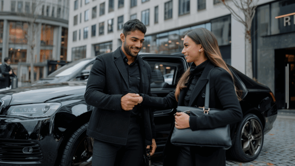 Budget friendly car service Business professionals using Grand Rapids Car Service for luxury black car transportation downtown.