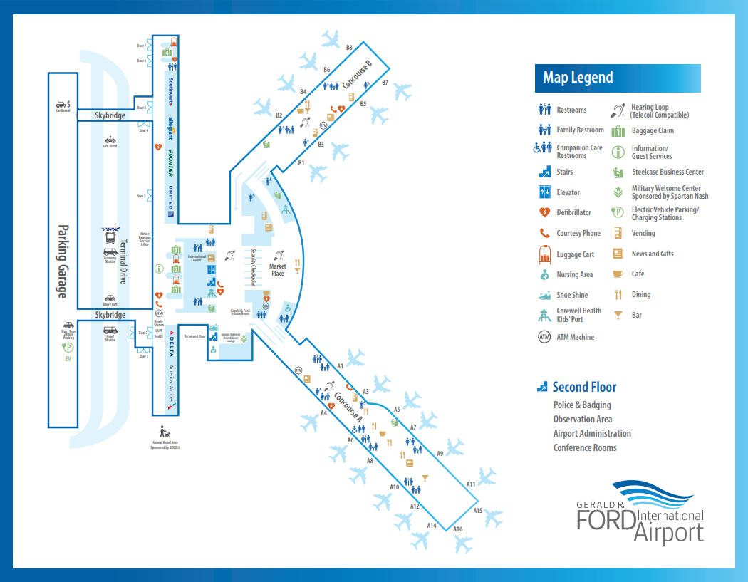 gerald r ford pickup terminal map — GRR arrivals pickup routes from baggage claim to curb and parking garage for grand rapids airport rides