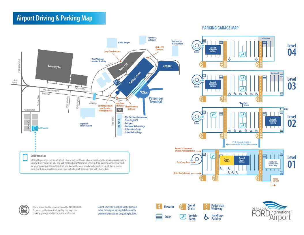 Gerald R Ford Pickup map showing GRR Airport driving & parking, Cell Phone Lot location, parking garage levels, and passenger terminal routes.