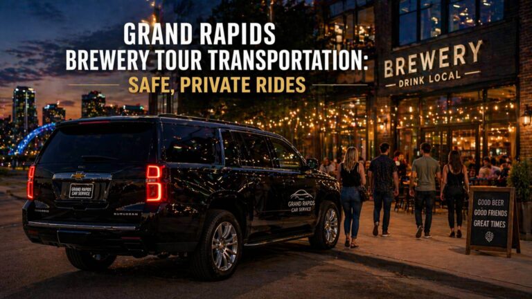 Grand rapids brewery tour transportation luxury vehicle outside brewery at night